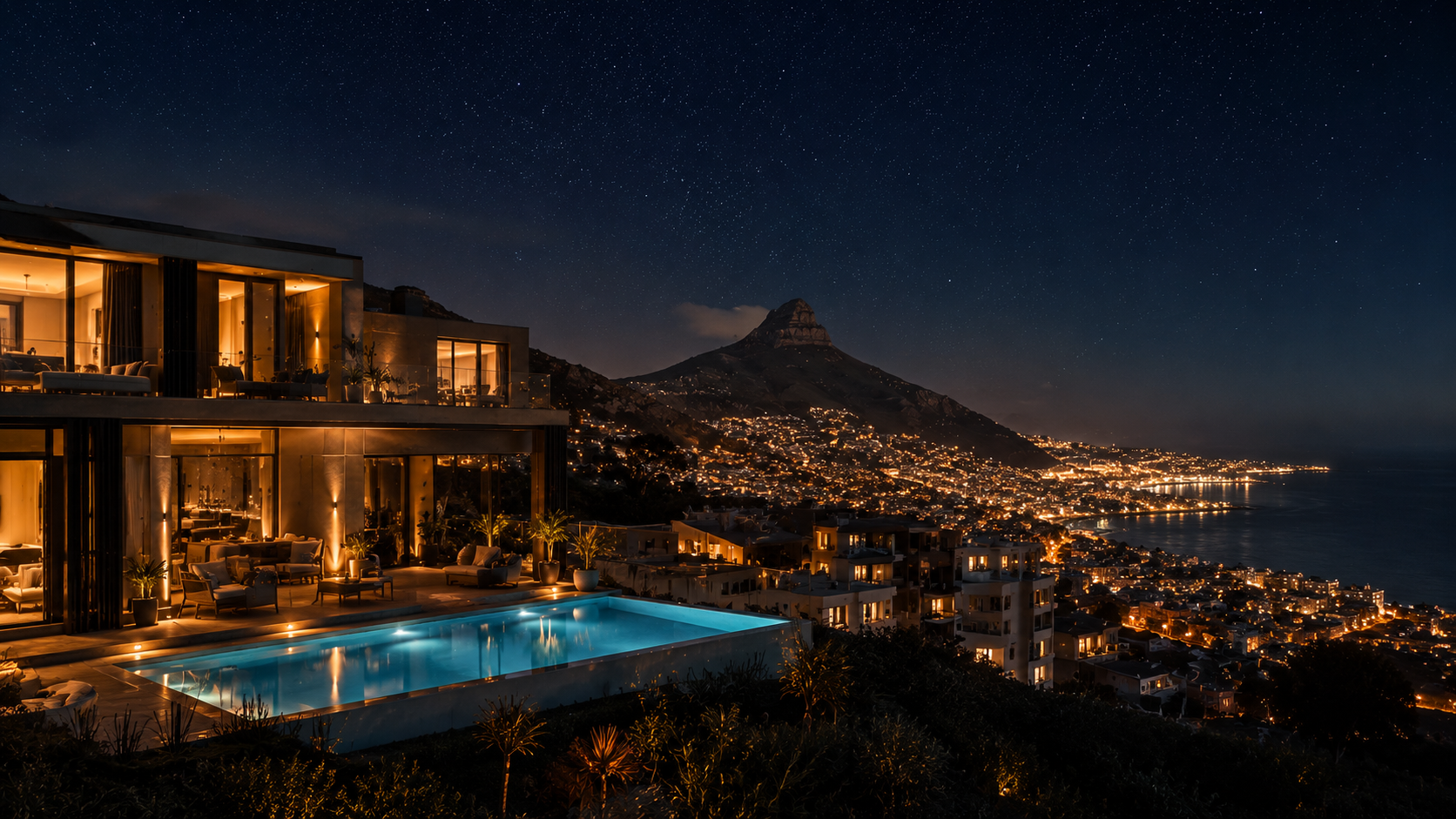 A private villa lit at night above Cape Town with Lion's Head beyond