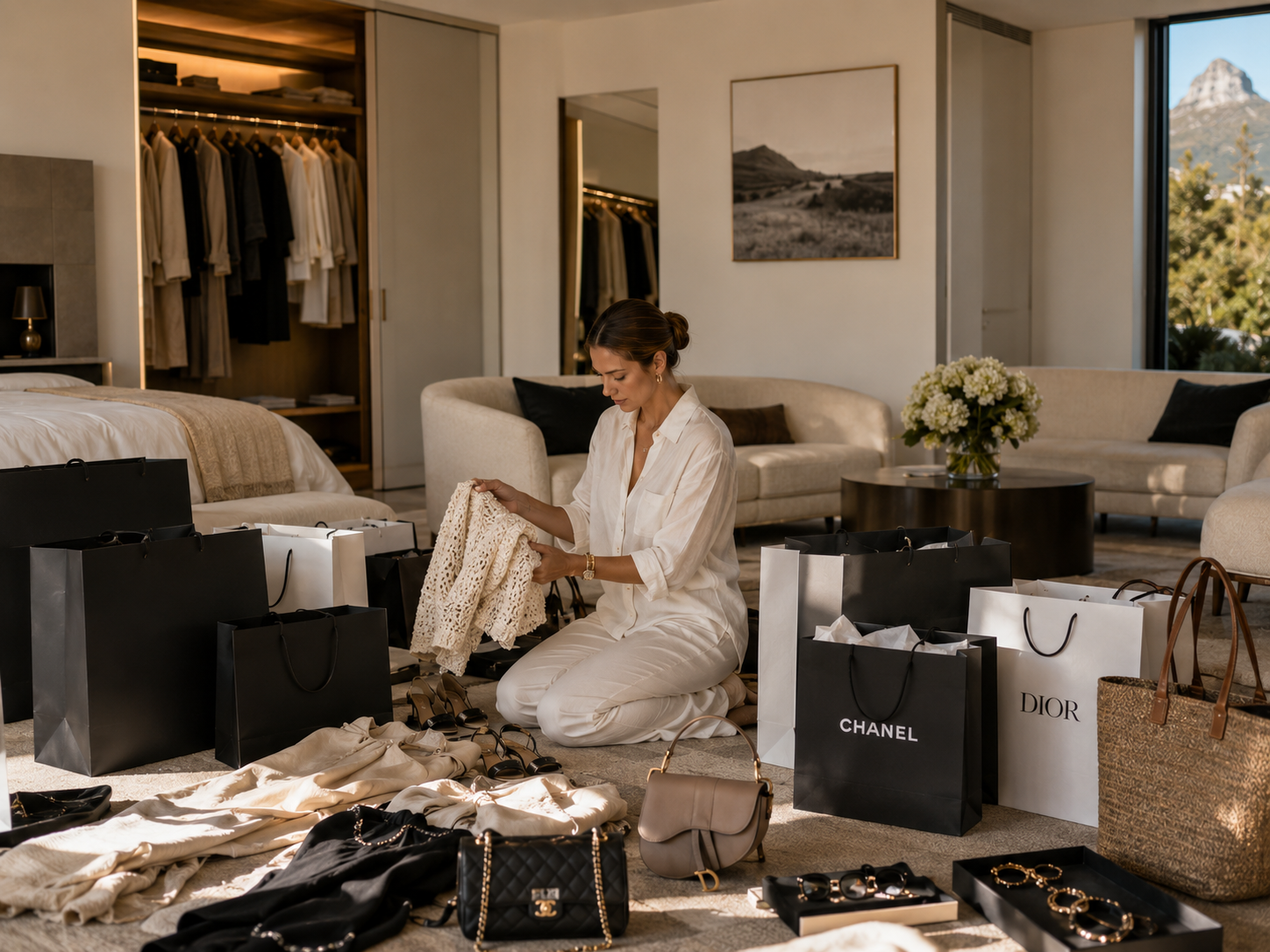Personal shopper with designer pieces at a villa