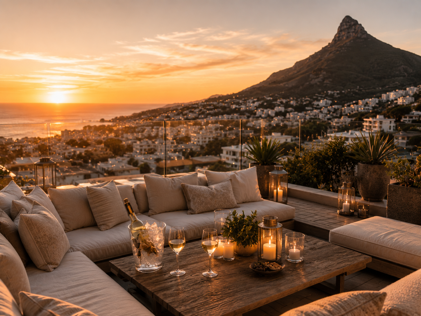Rooftop sundowner setup with candles and wine at sunset over Cape Town