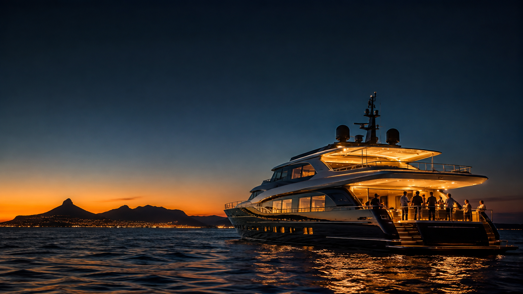 A private yacht lit at dusk off Cape Town with Lion's Head on the horizon