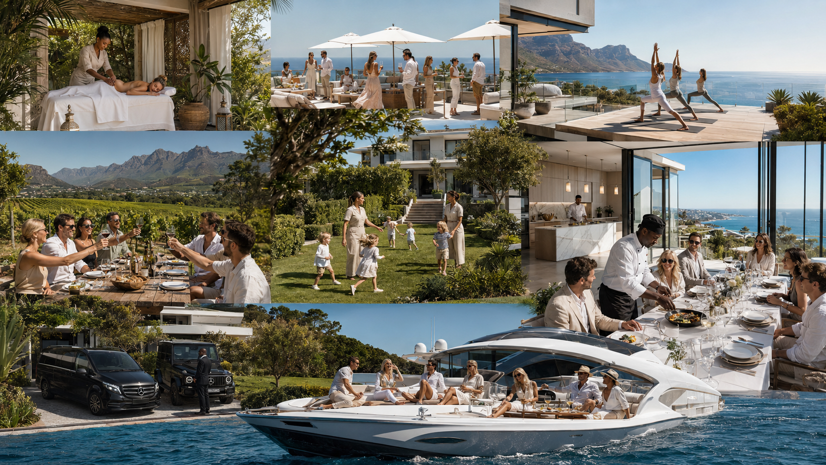 A collage of Carta Privé moments, wellness, dining, family, transport and private vessel experiences in Cape Town