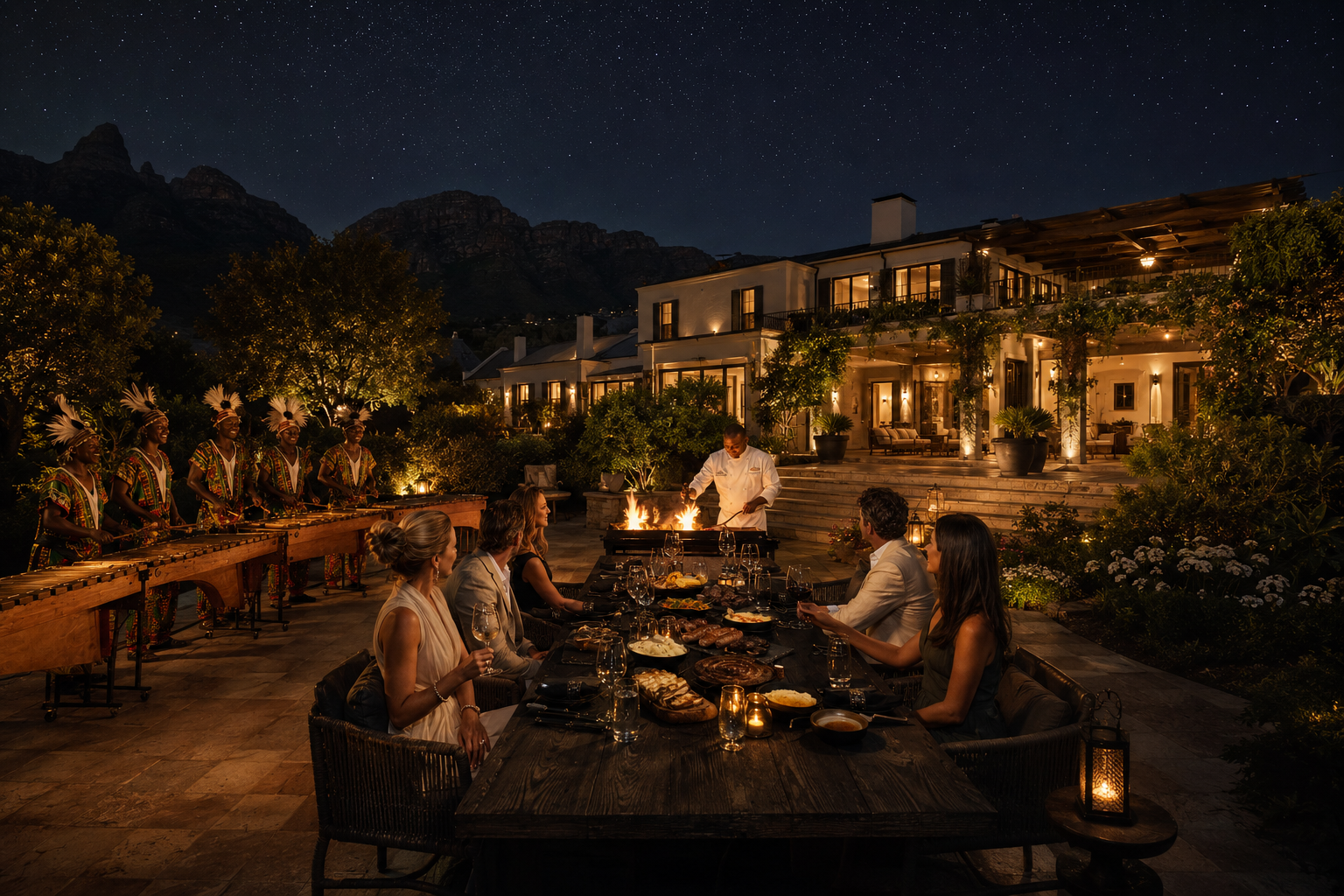 A private outdoor dining table at night with chef cooking over open fire and a live marimba band
